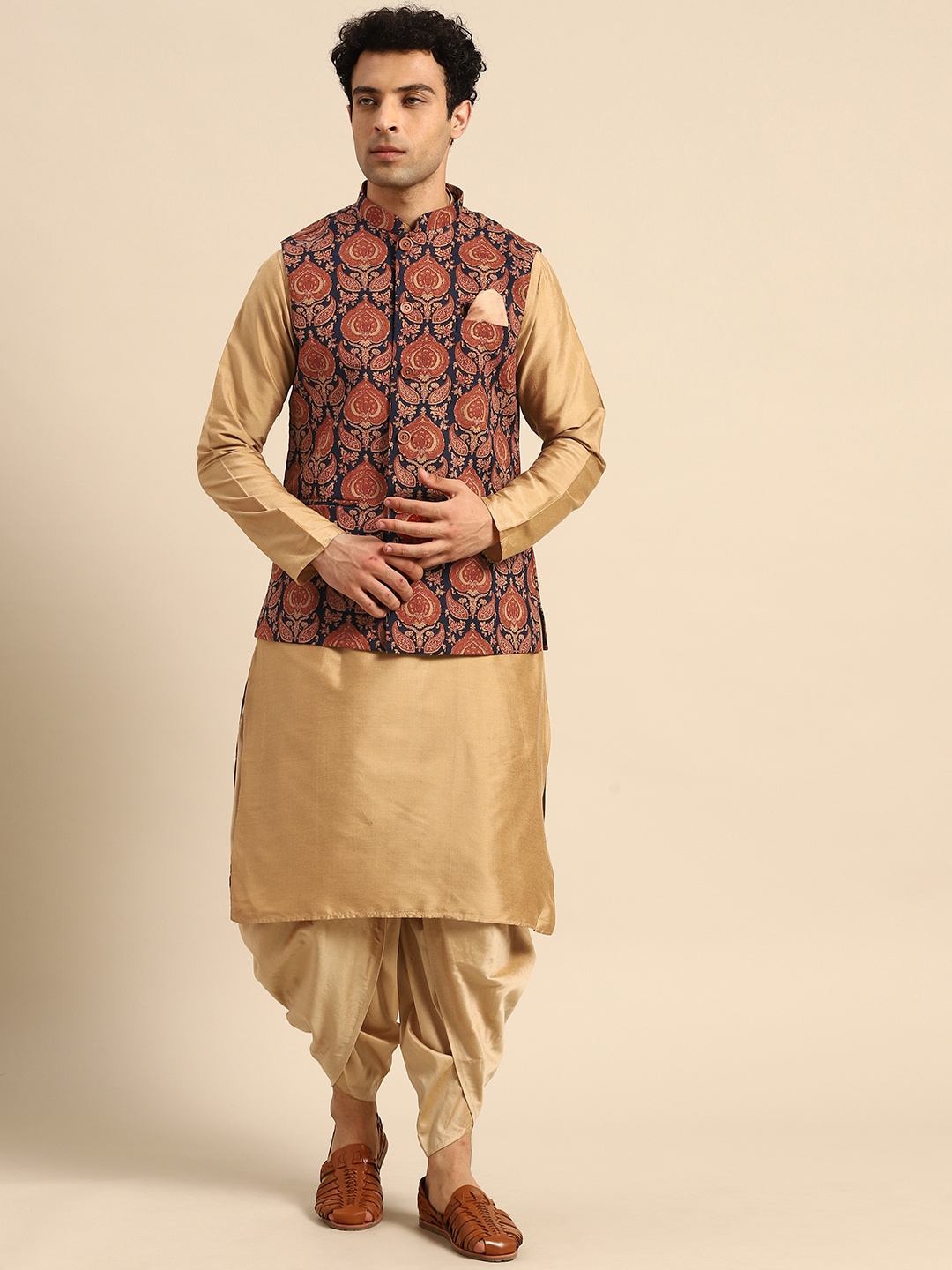 

KISAH Men Maroon Ethnic Motifs Printed Kurta Jacket Set with Dhoti Pants