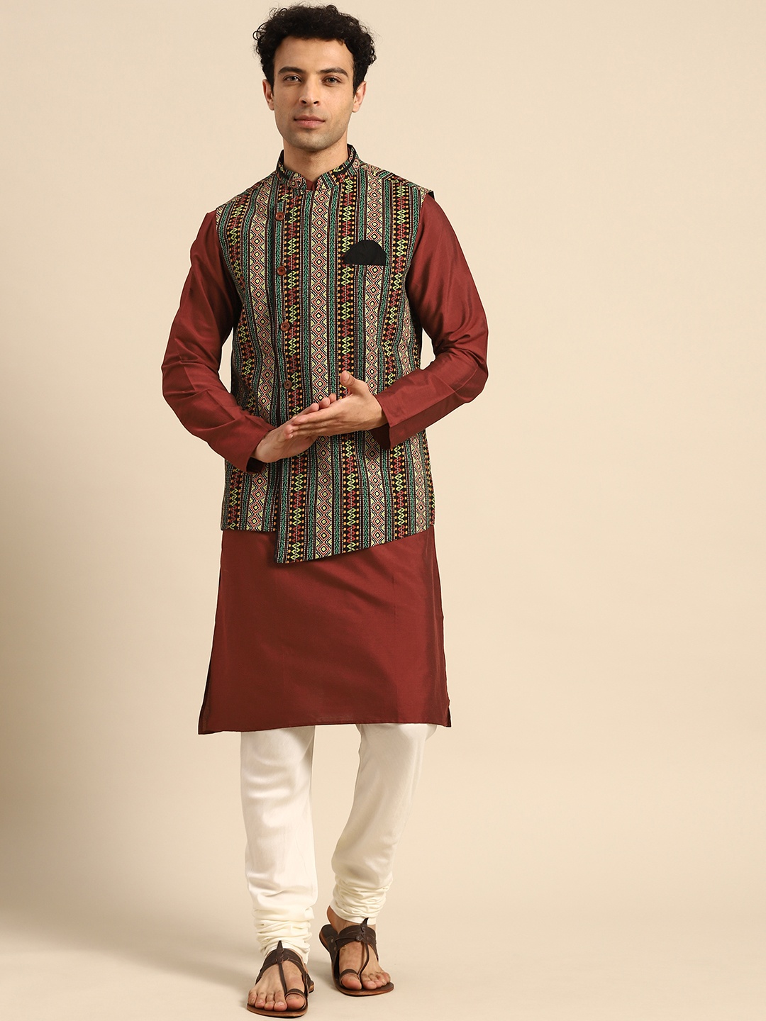 

KISAH Men Maroon Ethnic Motifs Printed Kurta Jacket Set with Churidar