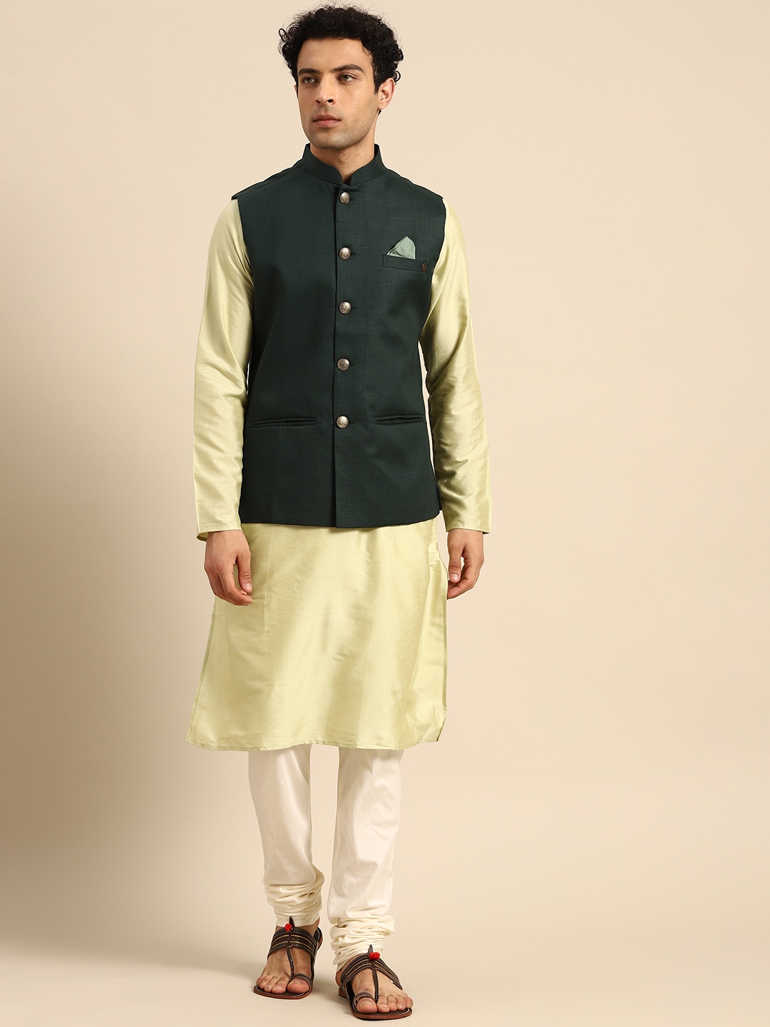 

KISAH Men Green & White Kurta with Churidar & Jacket
