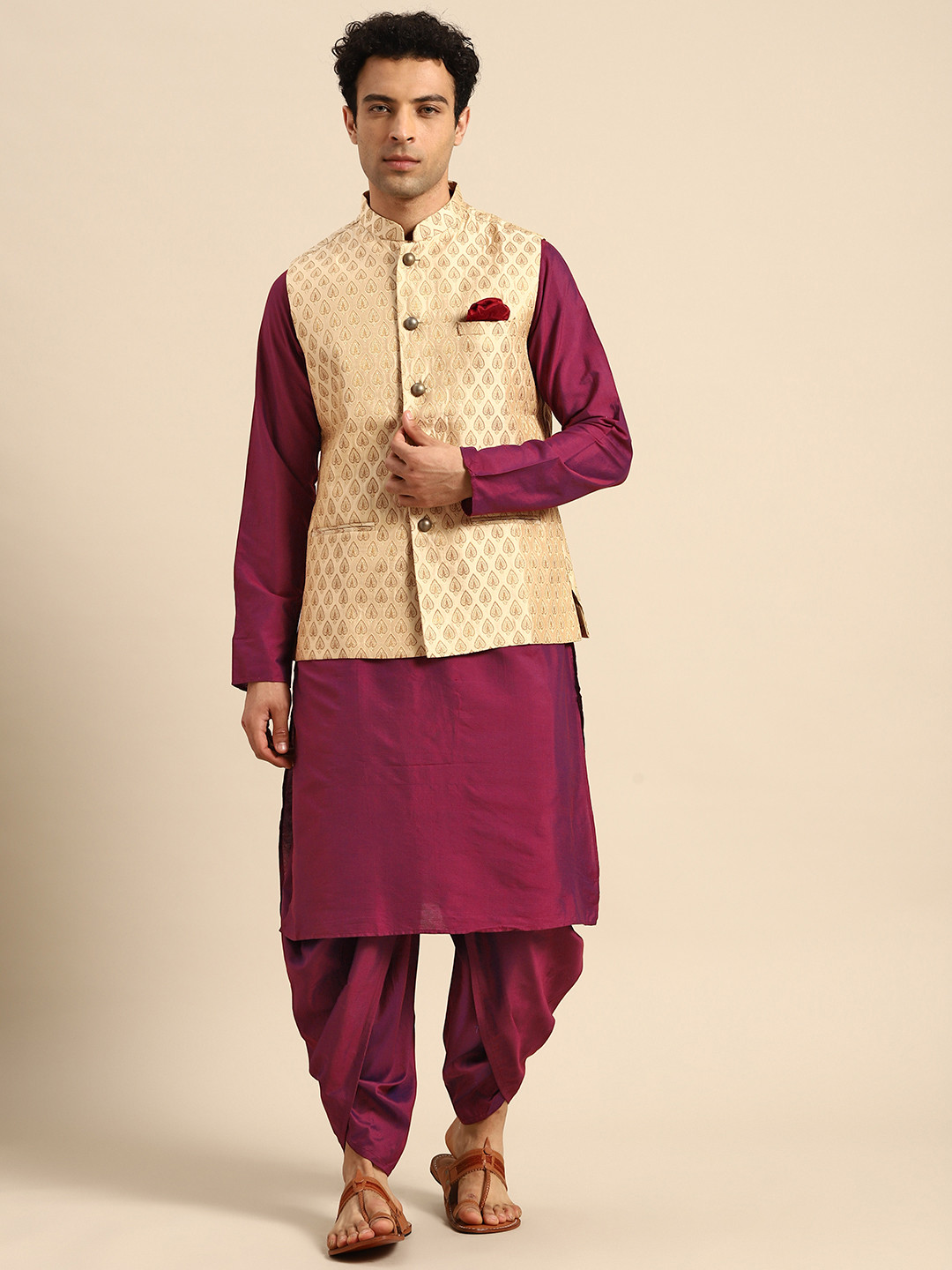 

KISAH Men Beige Woven Design Kurta Jacket Set with Dhoti Pants