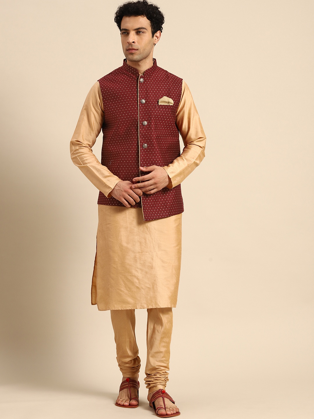 

KISAH Men Maroon Woven Design Kurta Jacket Set with Churidar