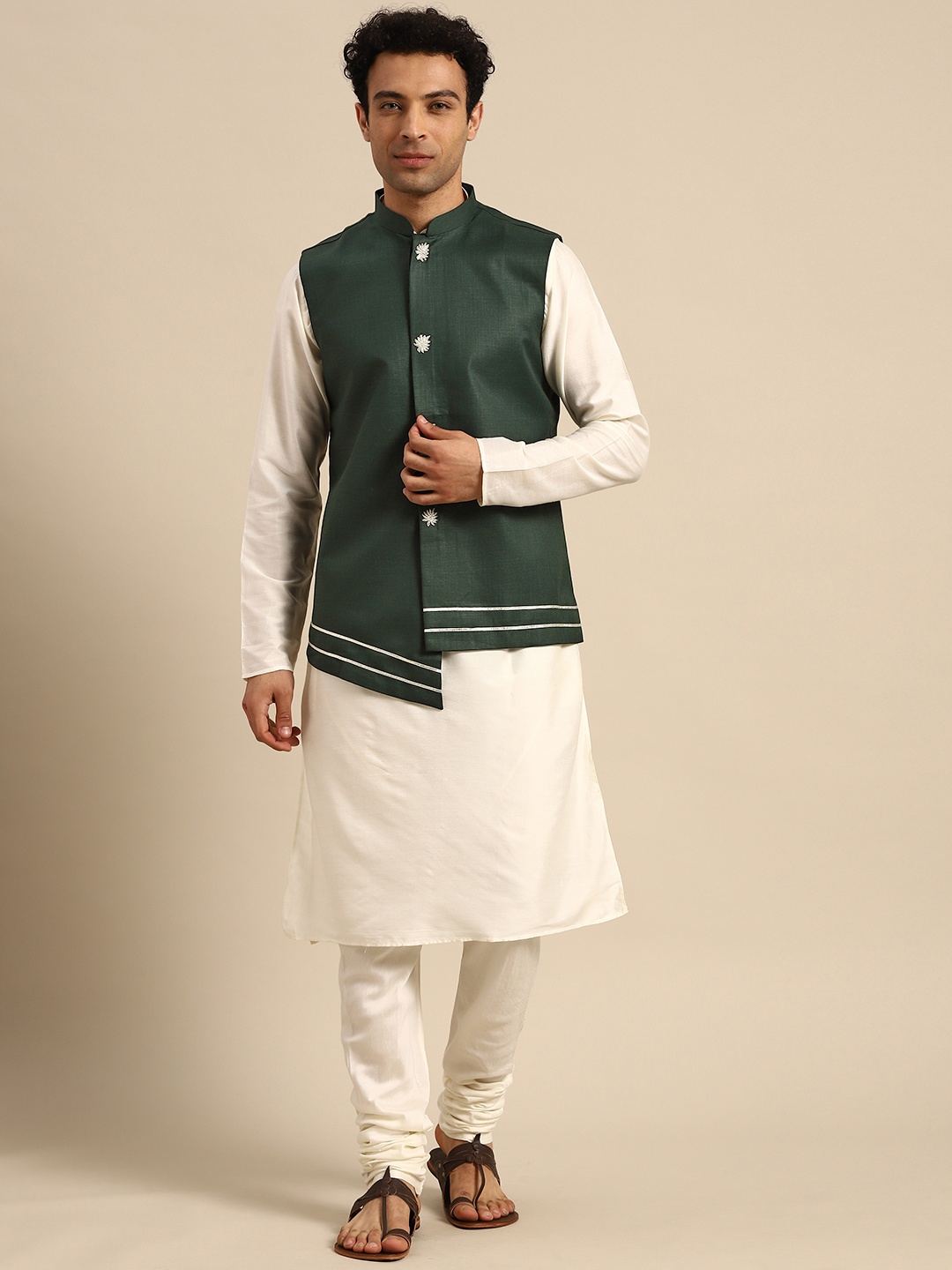 

KISAH Men Green Gotta Patti Kurta Jacket Set with Churidar