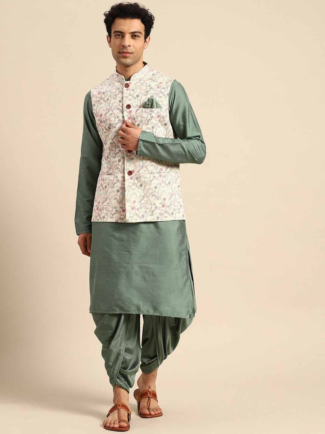 

KISAH Men Green Solid Kurta with Dhoti Pants & Printed Nehru Jacket