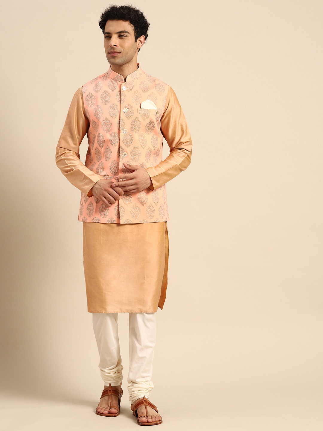 

KISAH Men Beige Solid Kurta with Churidar & Nehru Jacket
