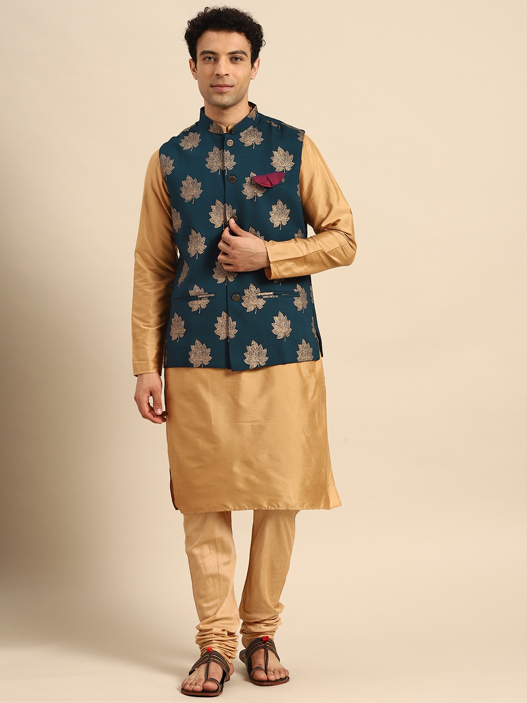 

KISAH Men Brown Solid Kurta with Churidar & Nehru Jacket