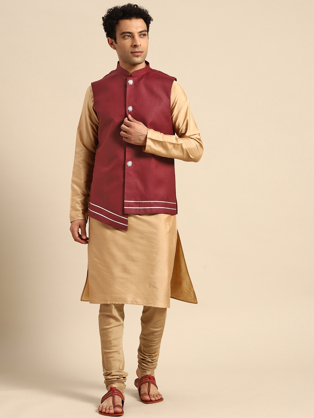 

KISAH Men Maroon Zardozi Kurta Jacket Set with Churidar