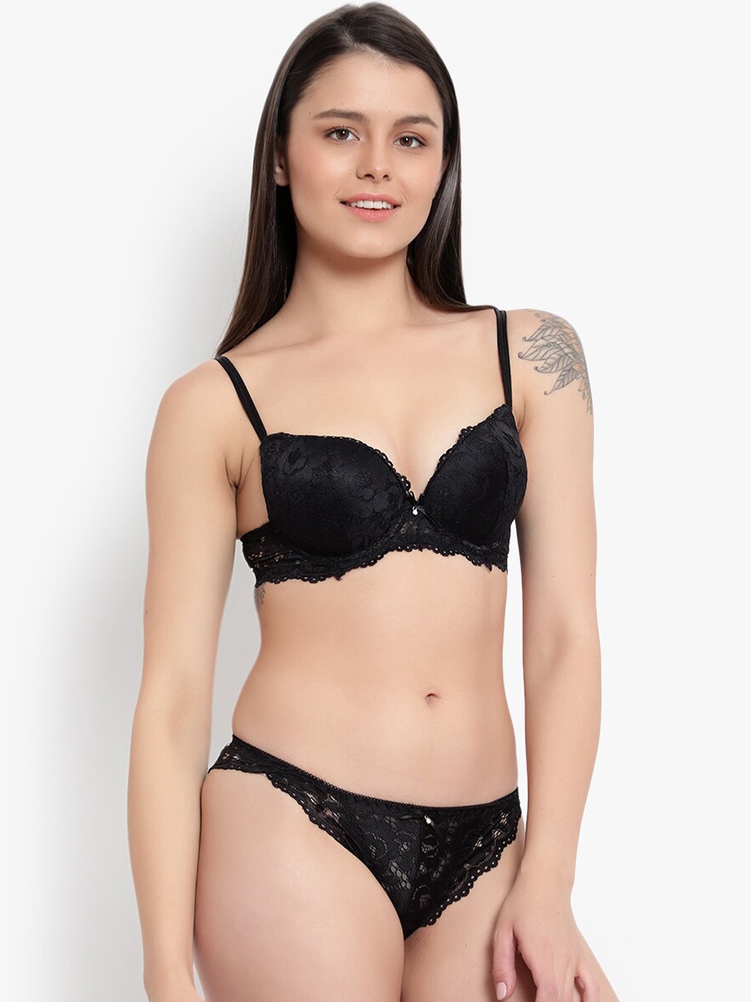 

BRACHY Women Black Self Design Lace Lingerie Set