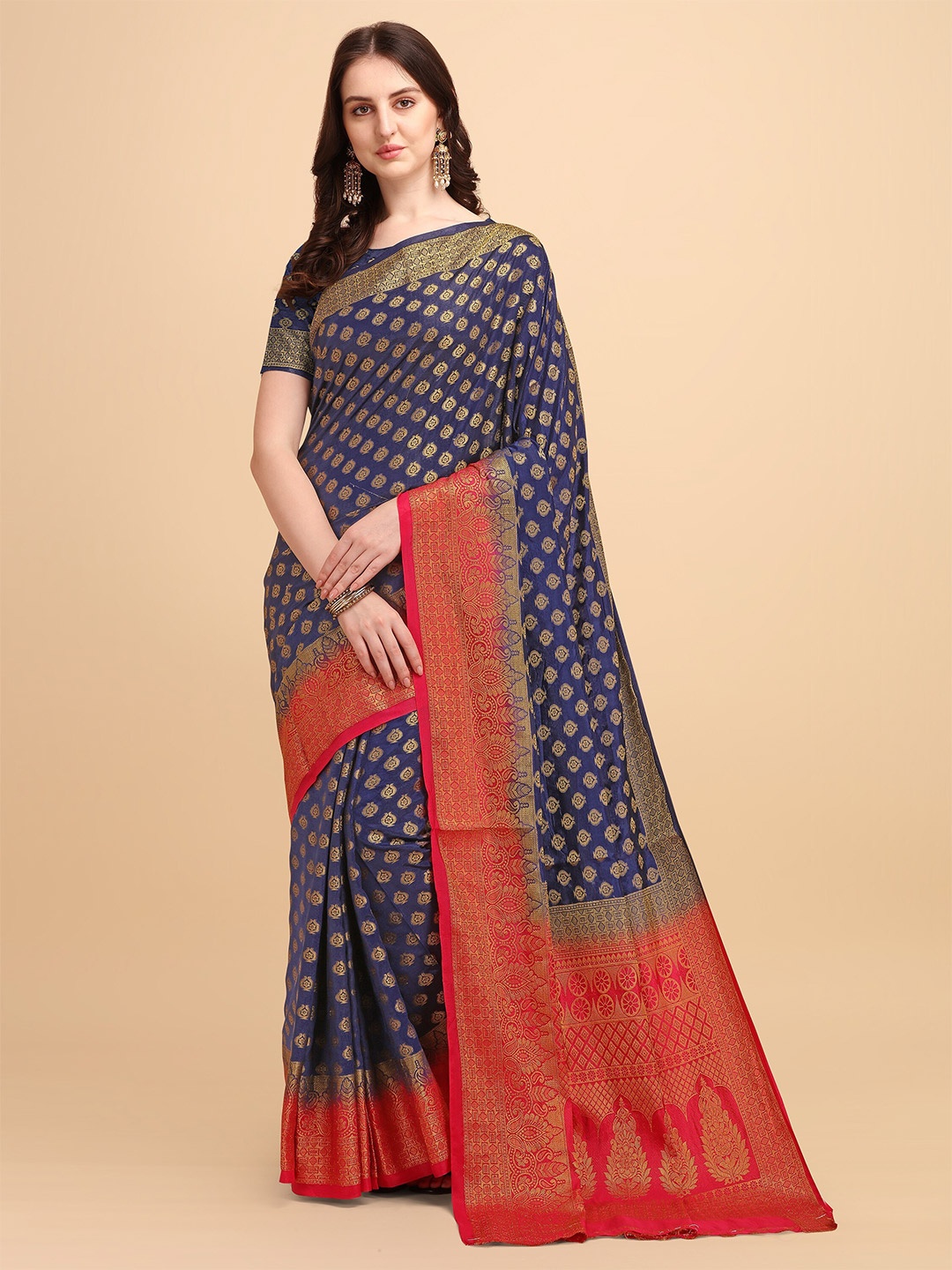 

TEREZA Navy Blue & Red Woven Design Zari Pure Silk Banarasi Saree