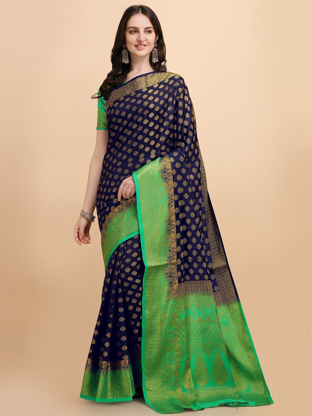 

TEREZA Navy Blue & Green Ethnic Motifs Zari Pure Silk Banarasi Saree