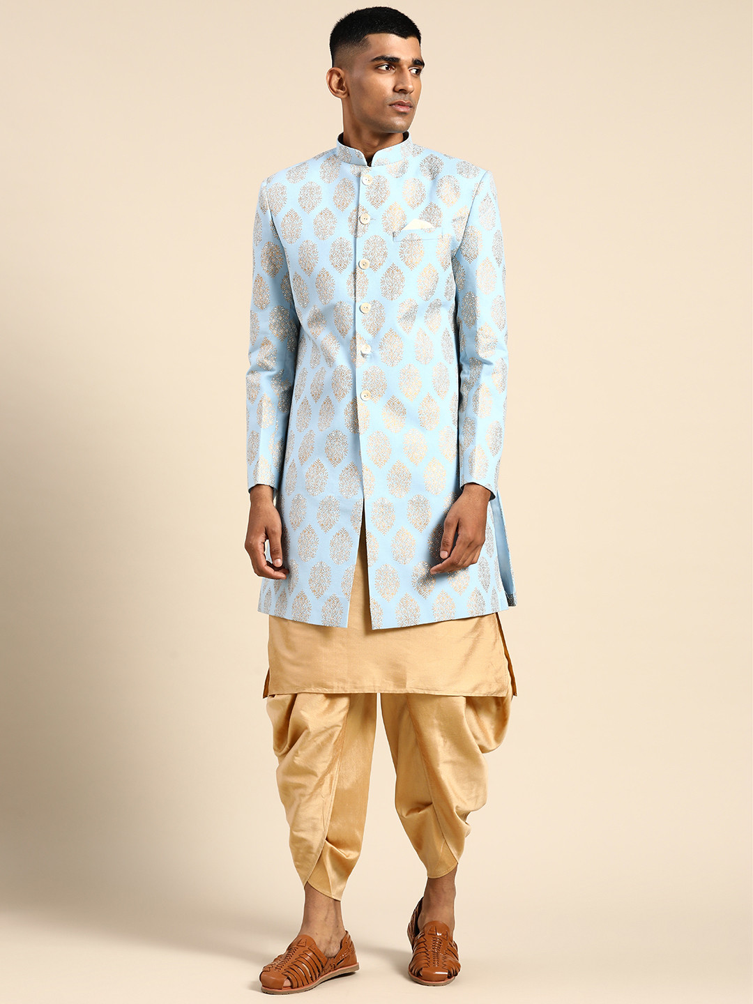 

KISAH Men Cotton Kurta & Indowestern Sherwani with Churidar Set, Beige