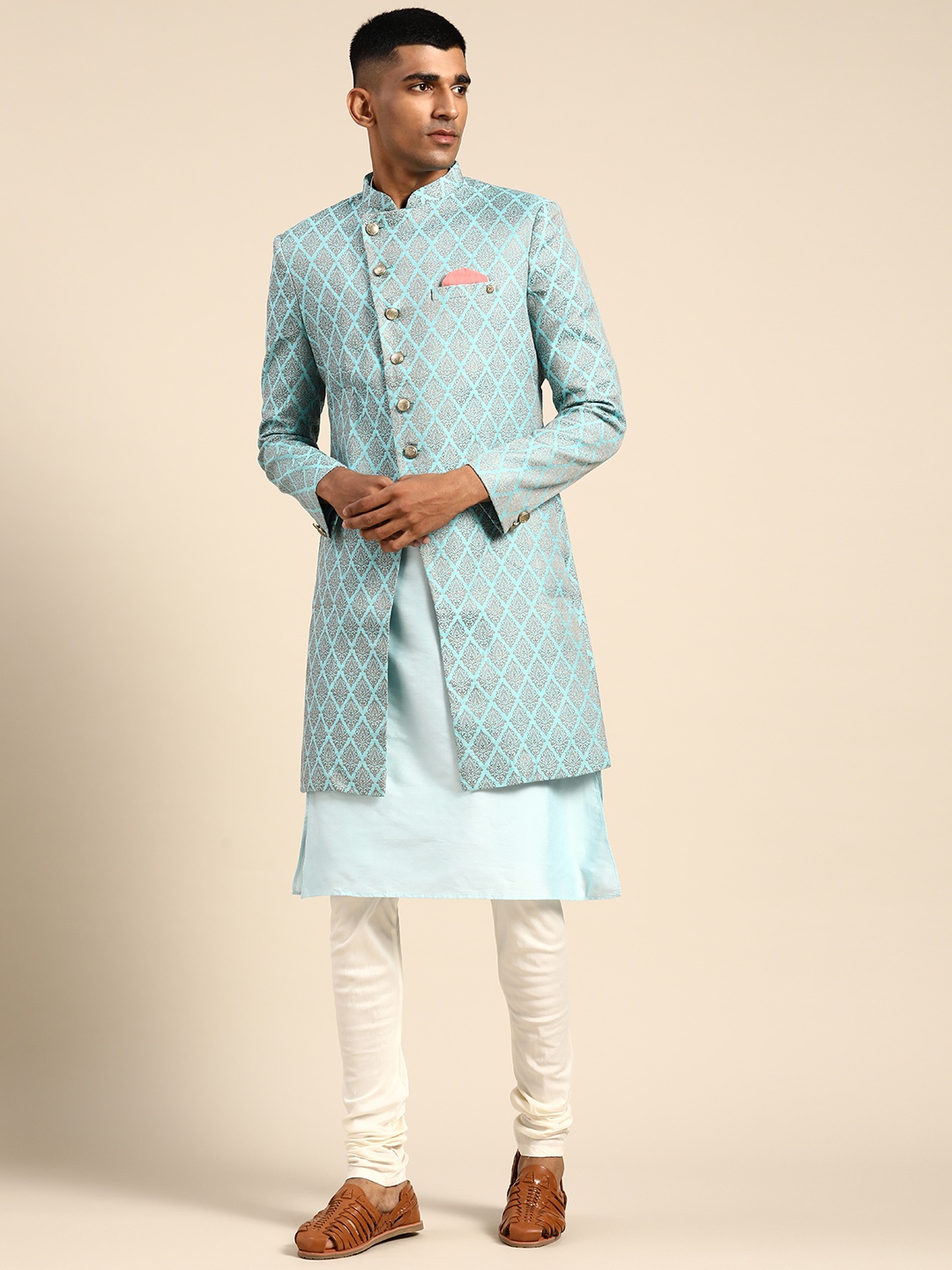 

KISAH Men Woven Design Indowestern Sherwani Set, Blue