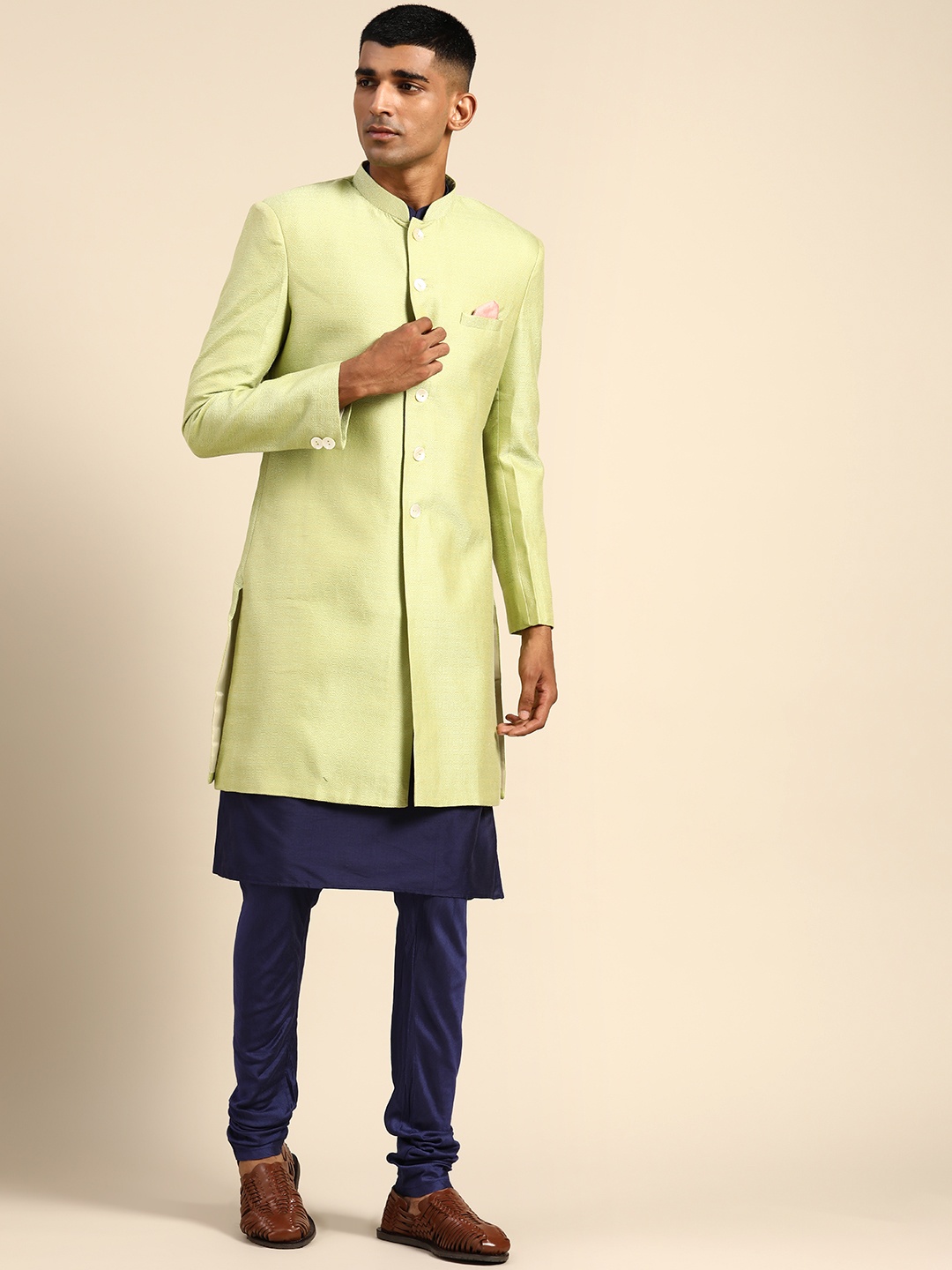 

KISAH Men Self Design Indowestern Sherwani Set, Green