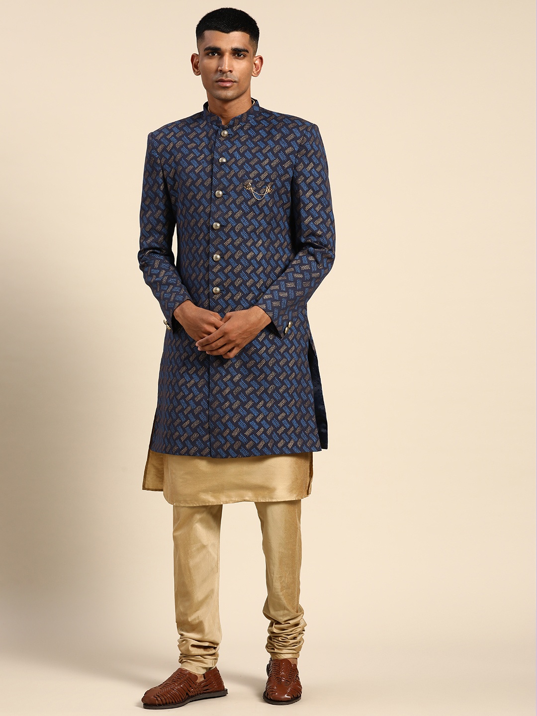 

KISAH Men Navy blue & Beige Cotton Kurta Indowestern Sherwani Set