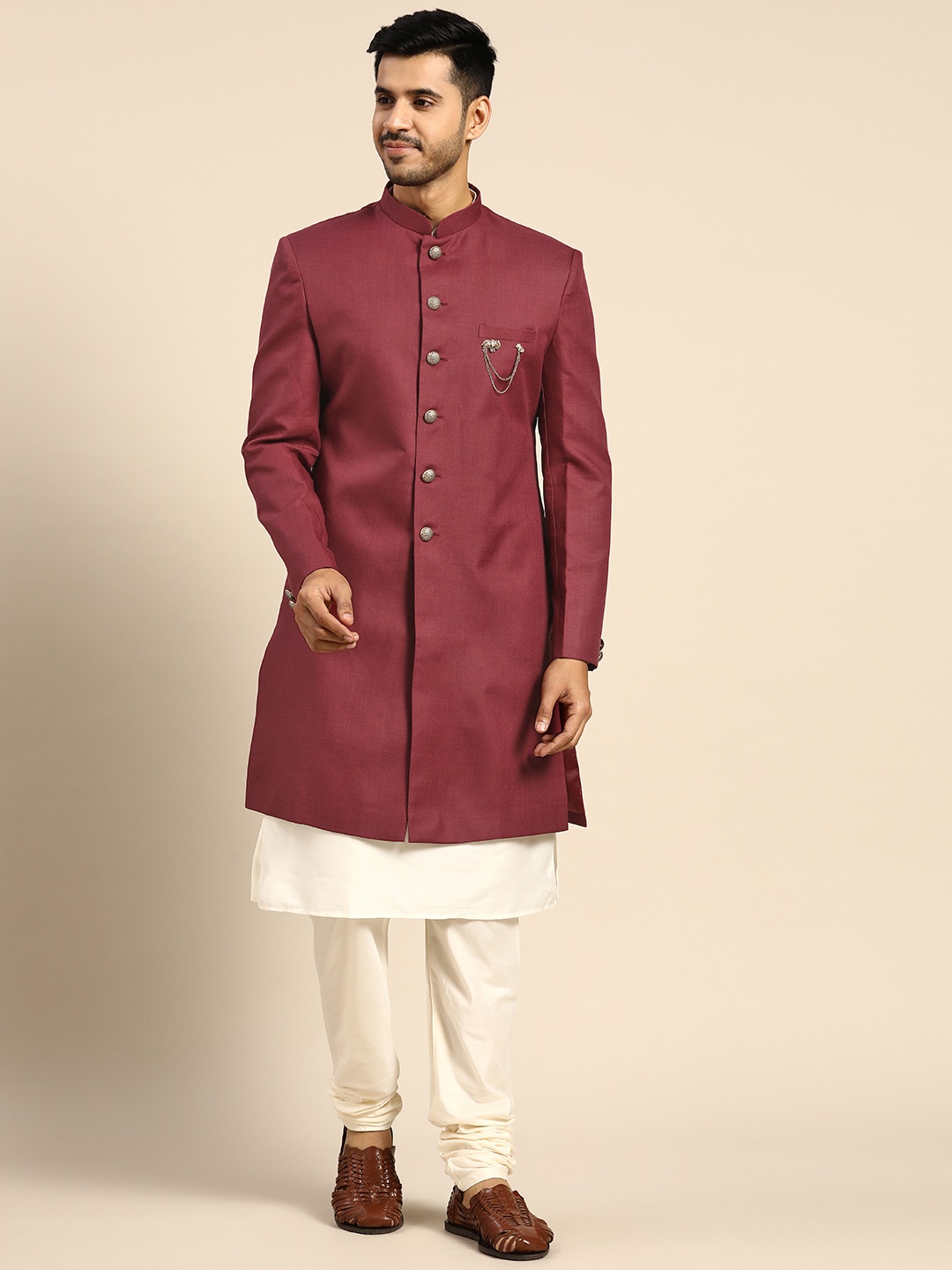 

KISAH Men Maroon & Off White Cotton Kurta Indowestern Sherwani Set