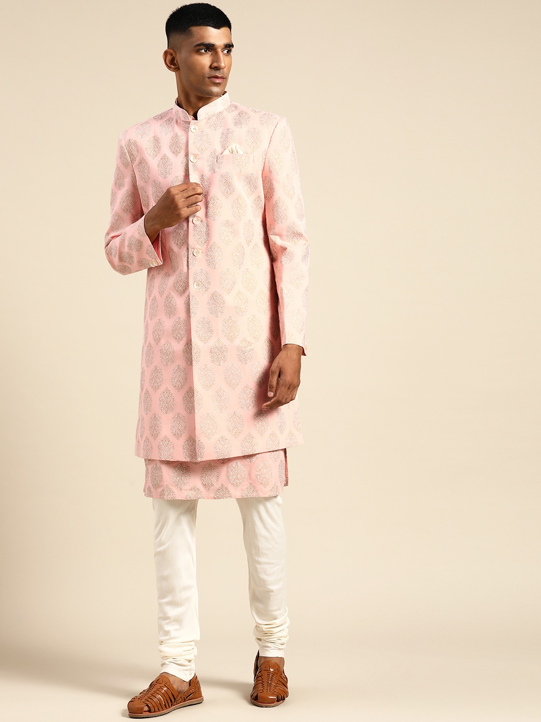 

KISAH Men Pink & Off-White Woven Design Indowestern Sherwani Set