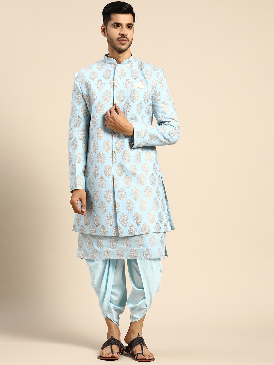 

KISAH Men Turquoise Blue & Gold-Coloured Printed Cotton Kurta Indowestern Sherwani Set