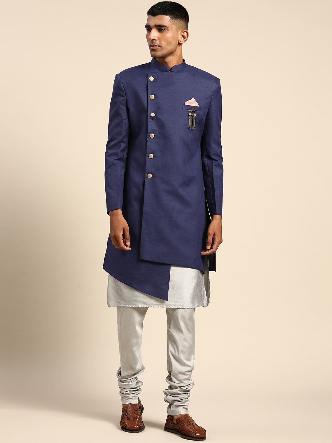 

KISAH Men Solid Kurta Indowestern Sherwani Churidar Set, Navy blue