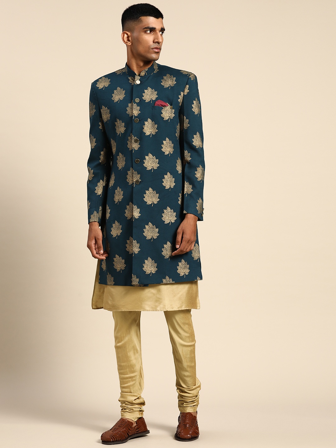 

KISAH Men Woven Design Kurta Indowestern Sherwani Churidar Set, Teal