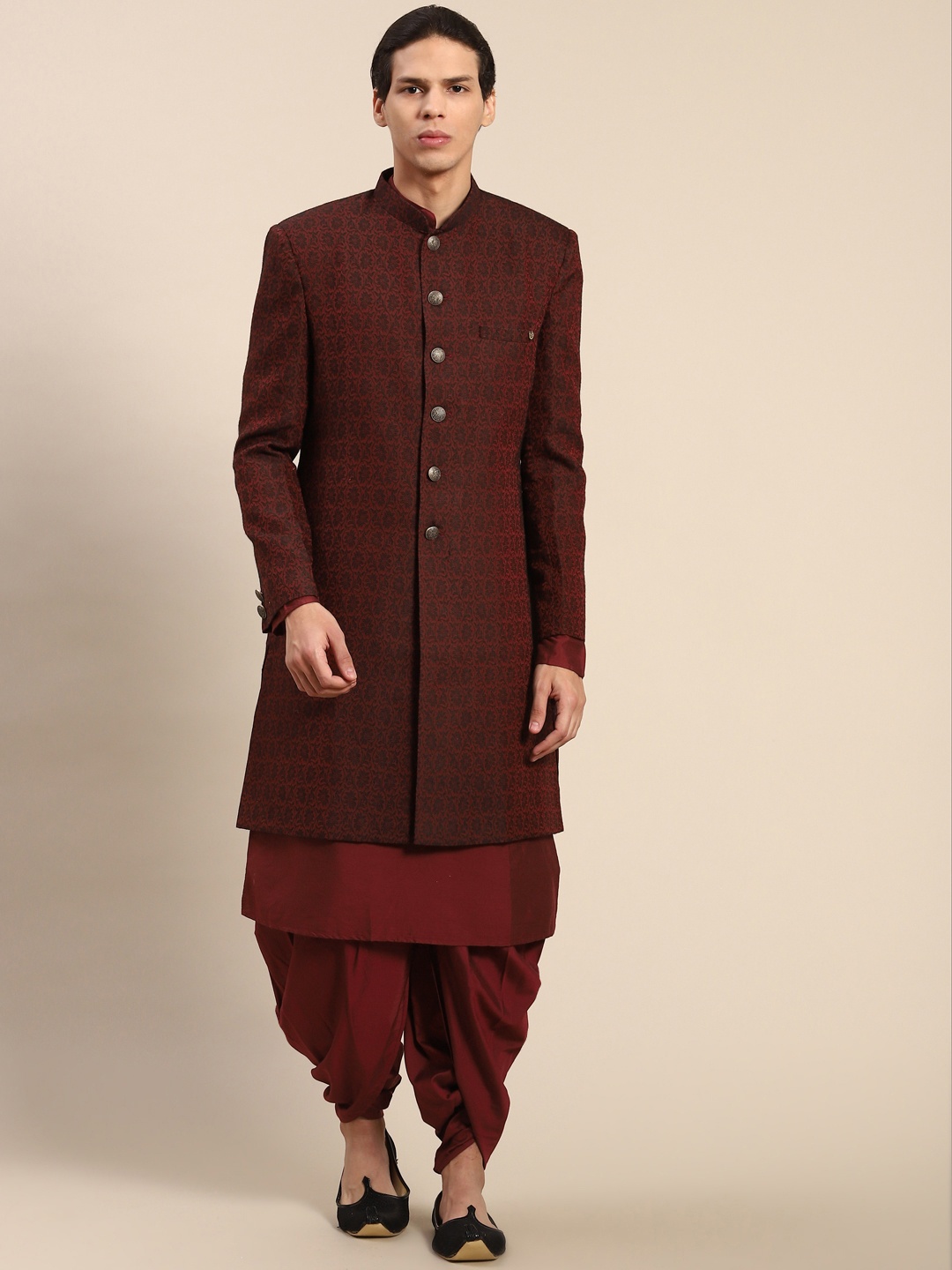 

KISAH Men Printed Kurta Indowestern Sherwani Set, Maroon