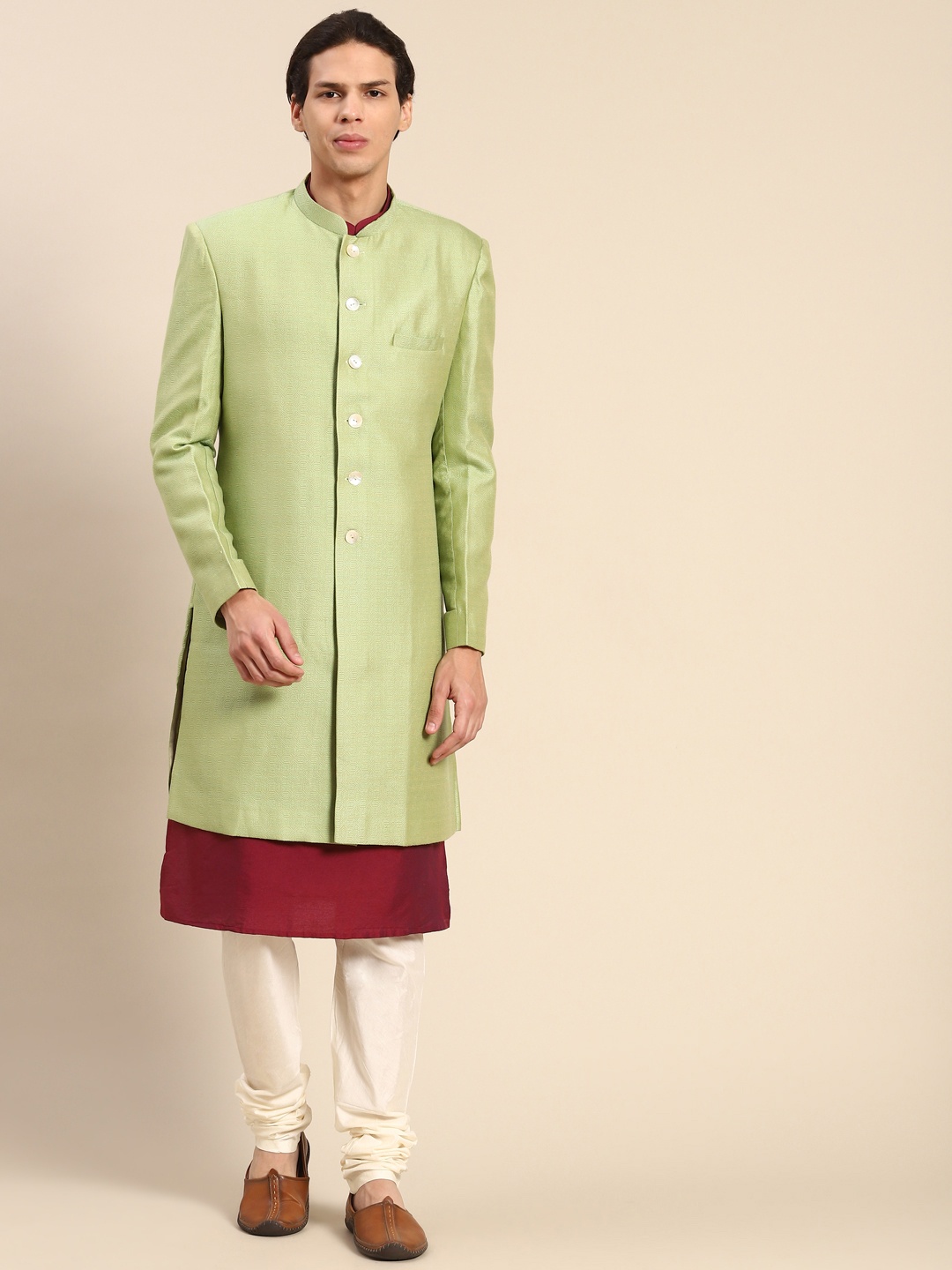 

KISAH Men Self Design Kurta Indowestern Sherwani Set, Green