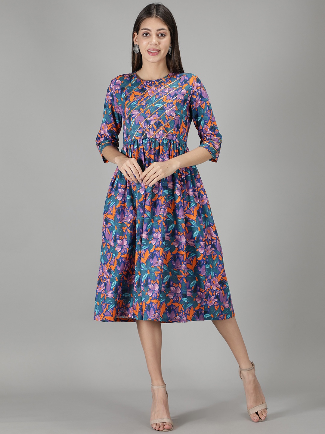 

Cot'N Soft Teal & Violet Floral Printed Cotton A-Line Dress