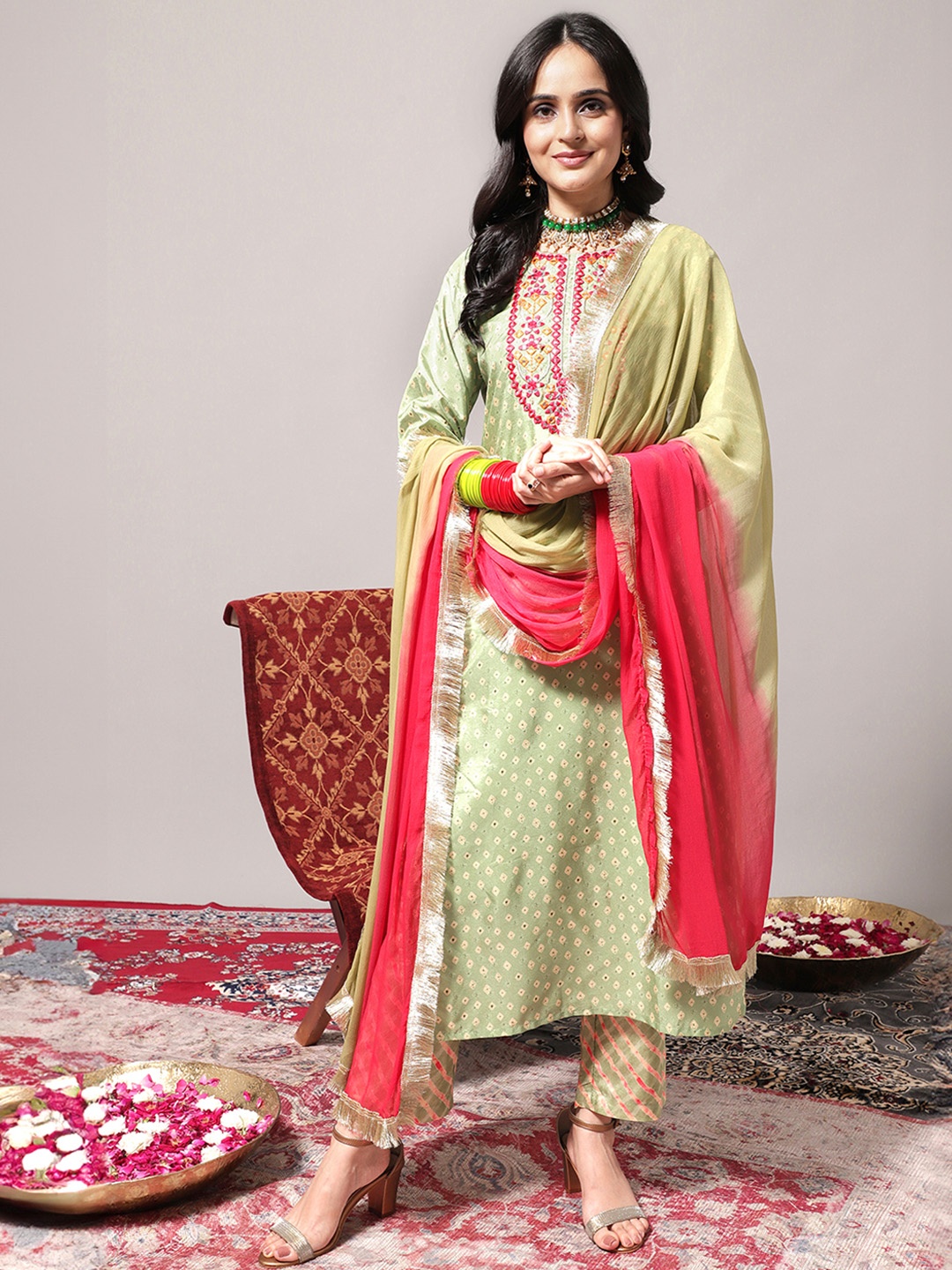 Varanga Women Green Leheriya Embroidered Mirror Work Kurta with Trousers & With Dupatta