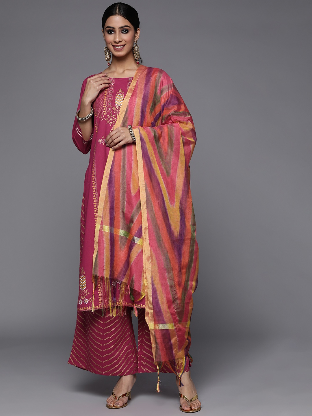

Varanga Women Fuchsia Pink & Golden Floral Print Cotton Kurta with Palazzos & Dupatta