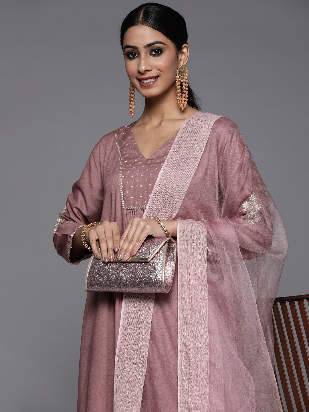 

Varanga Women Mauve Embroidered Kurta with Palazzos & With Dupatta