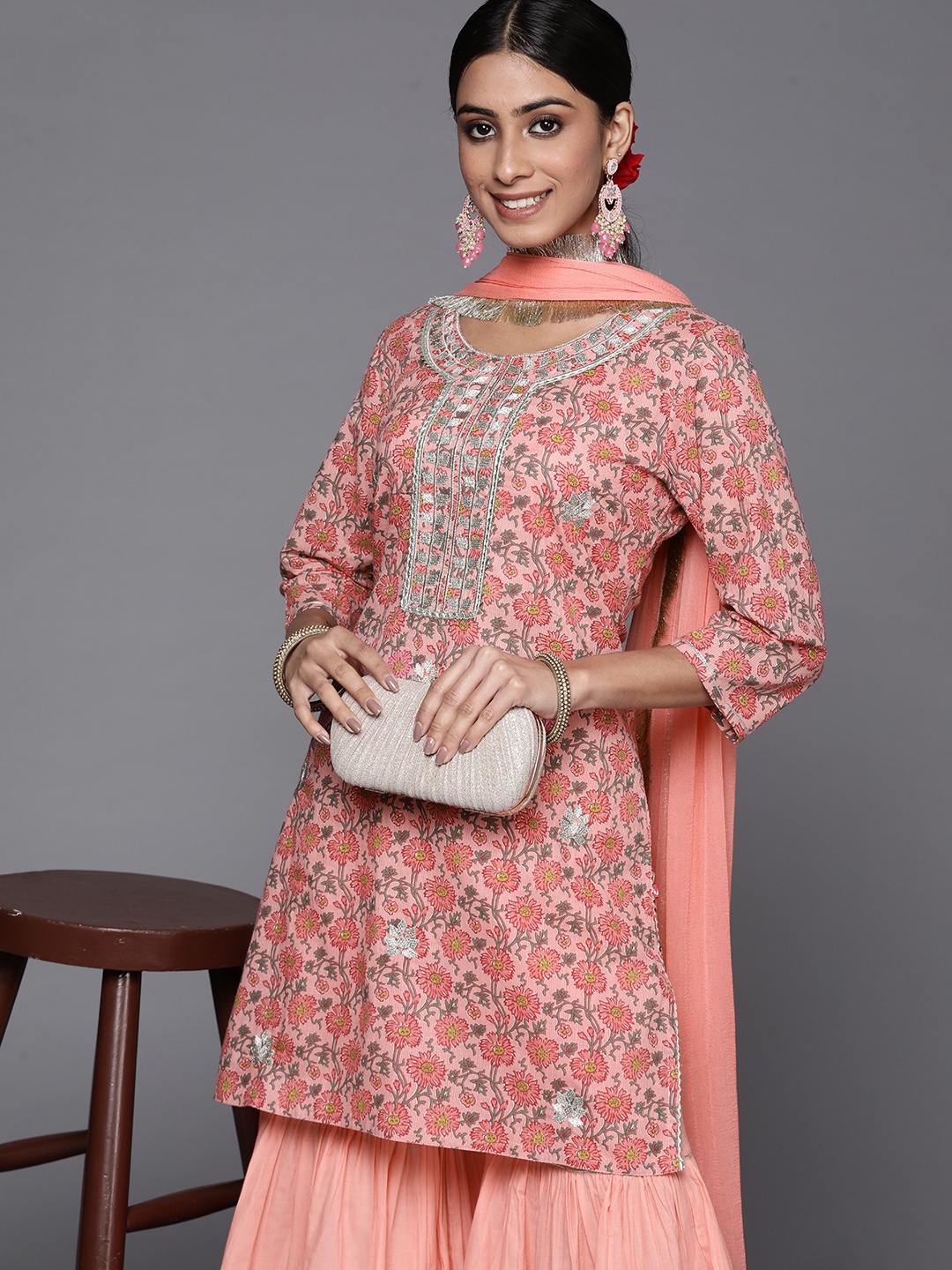 

Varanga Women Peach-Coloured Printed Gotta Patti Cotton Kurta with Sharara & Dupatta