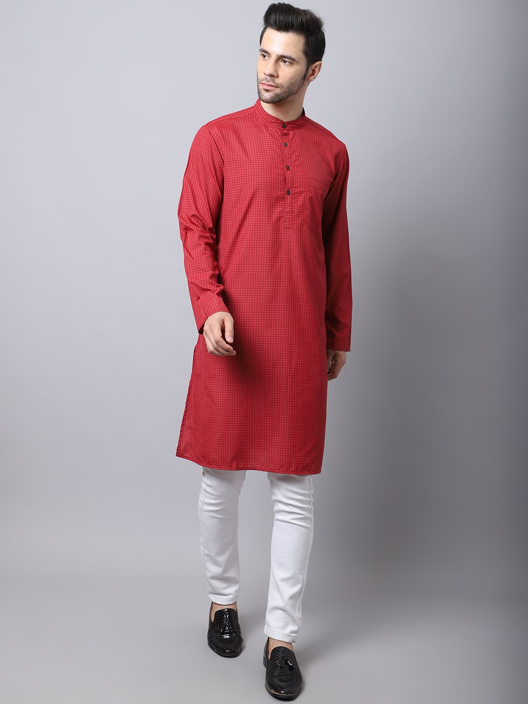

even Men Red Checked Woven Design Kurta