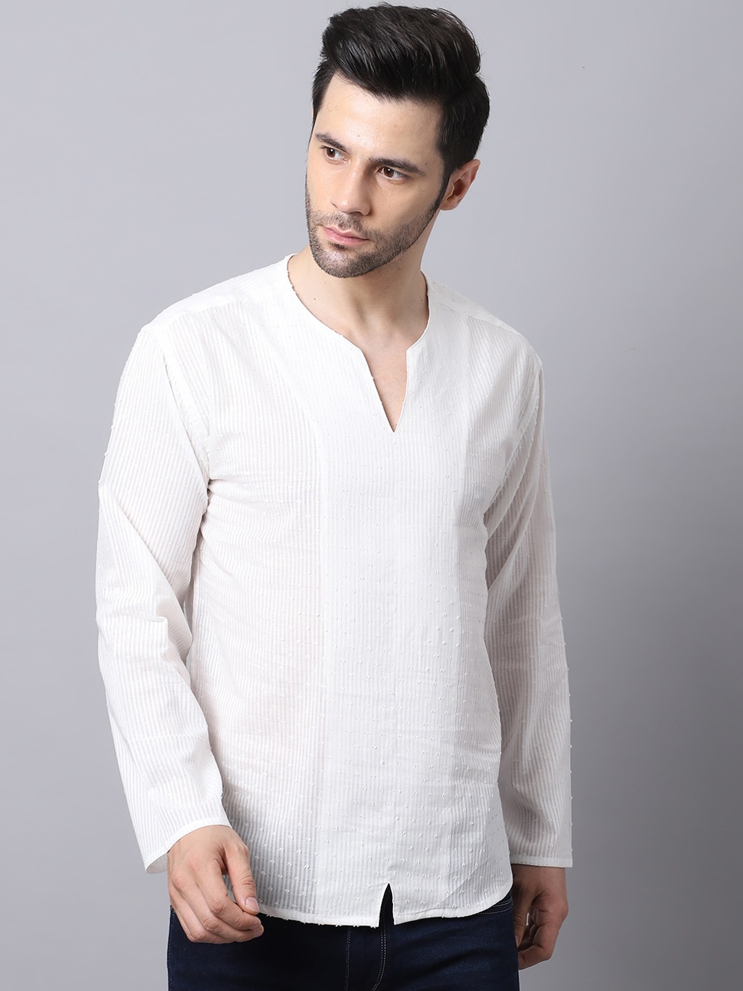 

even Men White Striped Round Neck Cotton Kurta