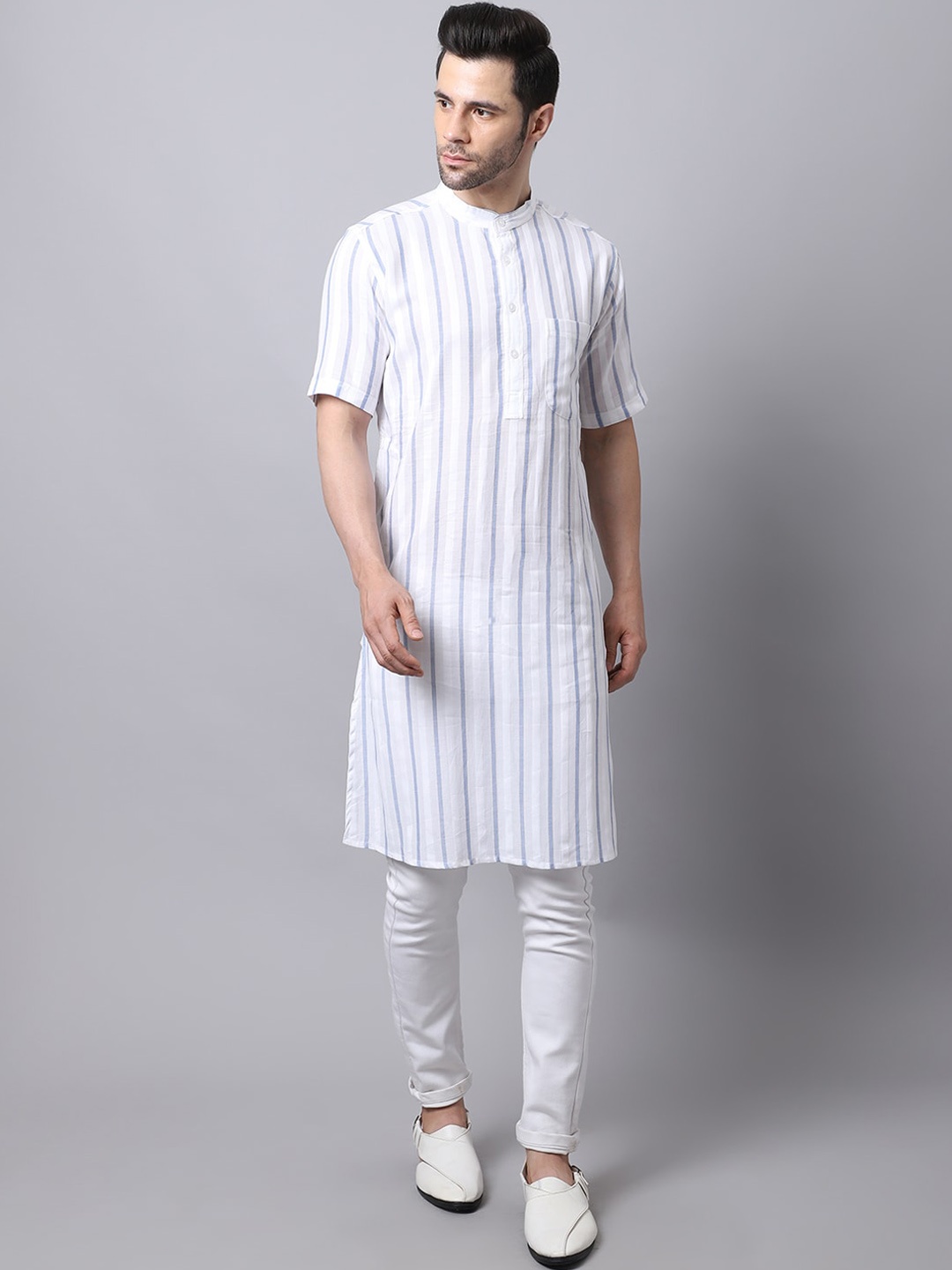 

even Men White Striped band collar Cotton Kurta