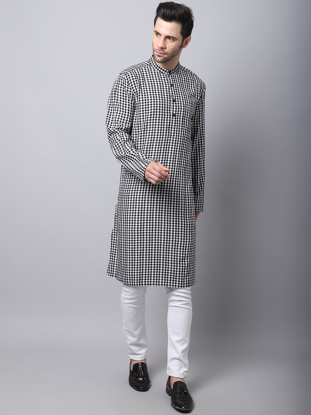 

Even Men Black & White Checked Cotton Kurta
