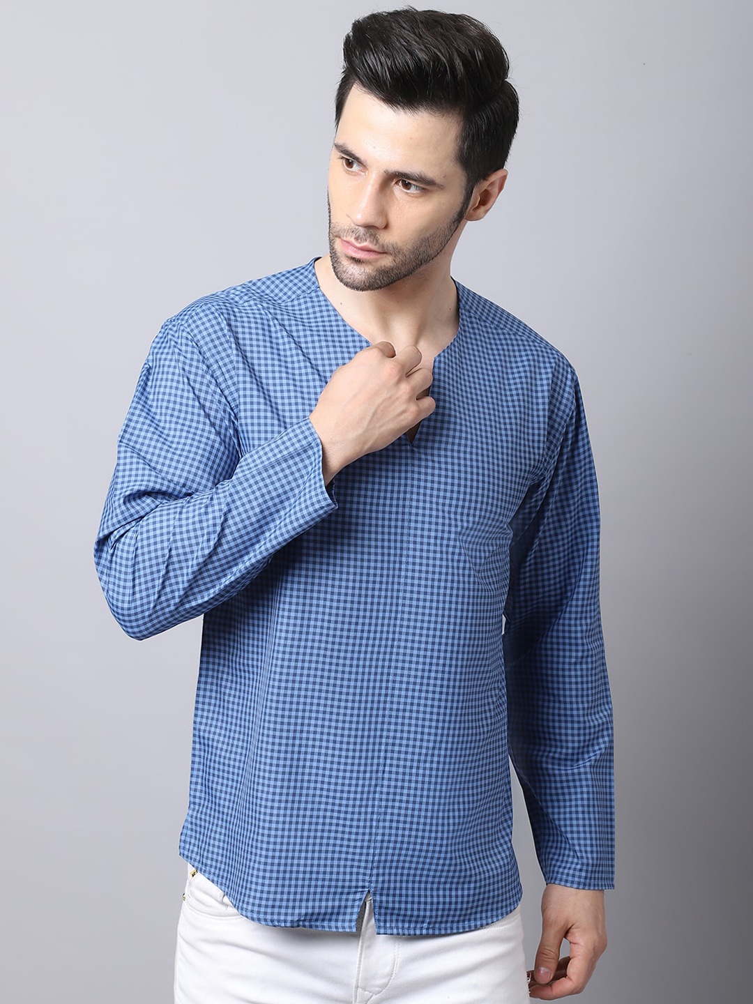 

even Men Blue Cotton Checked Kurta