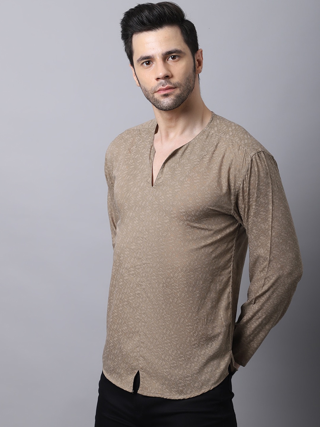 

even Men Beige Cotton Floral Printed Kurta