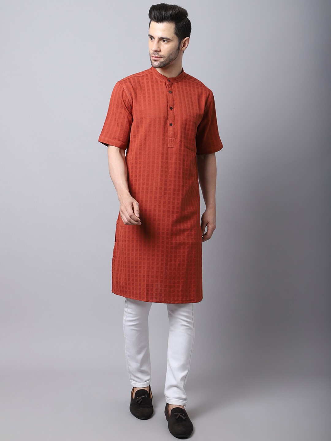 

even Men Red Checked Cotton Kurta
