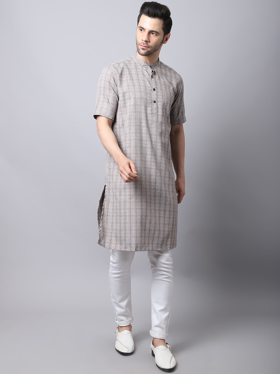 

even Men Grey Checked Pure Cotton Kurta