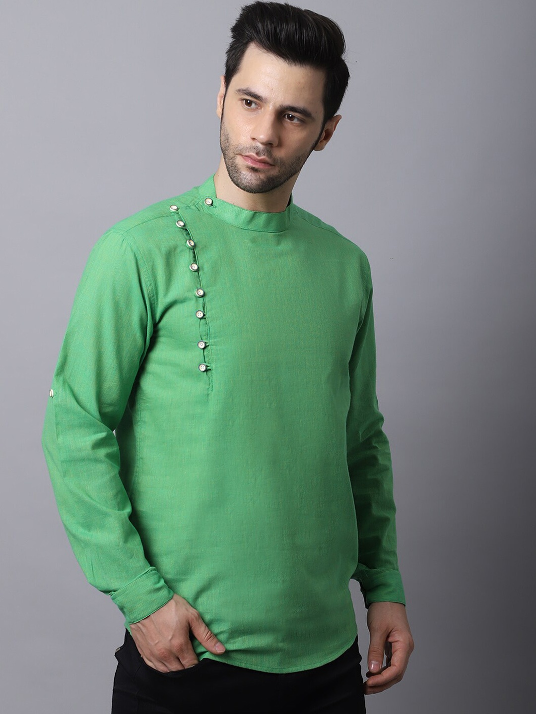 

even Men Green Solid Side Placket Band Collar Pure Cotton Short Kurta