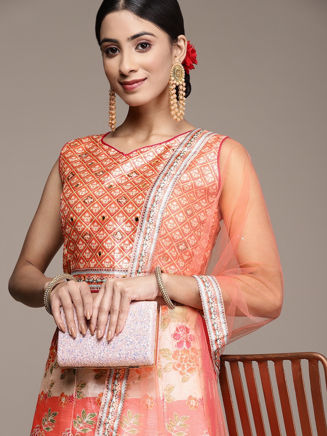 

SAARYA Printed Beads and Stones Ready to Wear Lehenga & Blouse With Dupatta, Peach