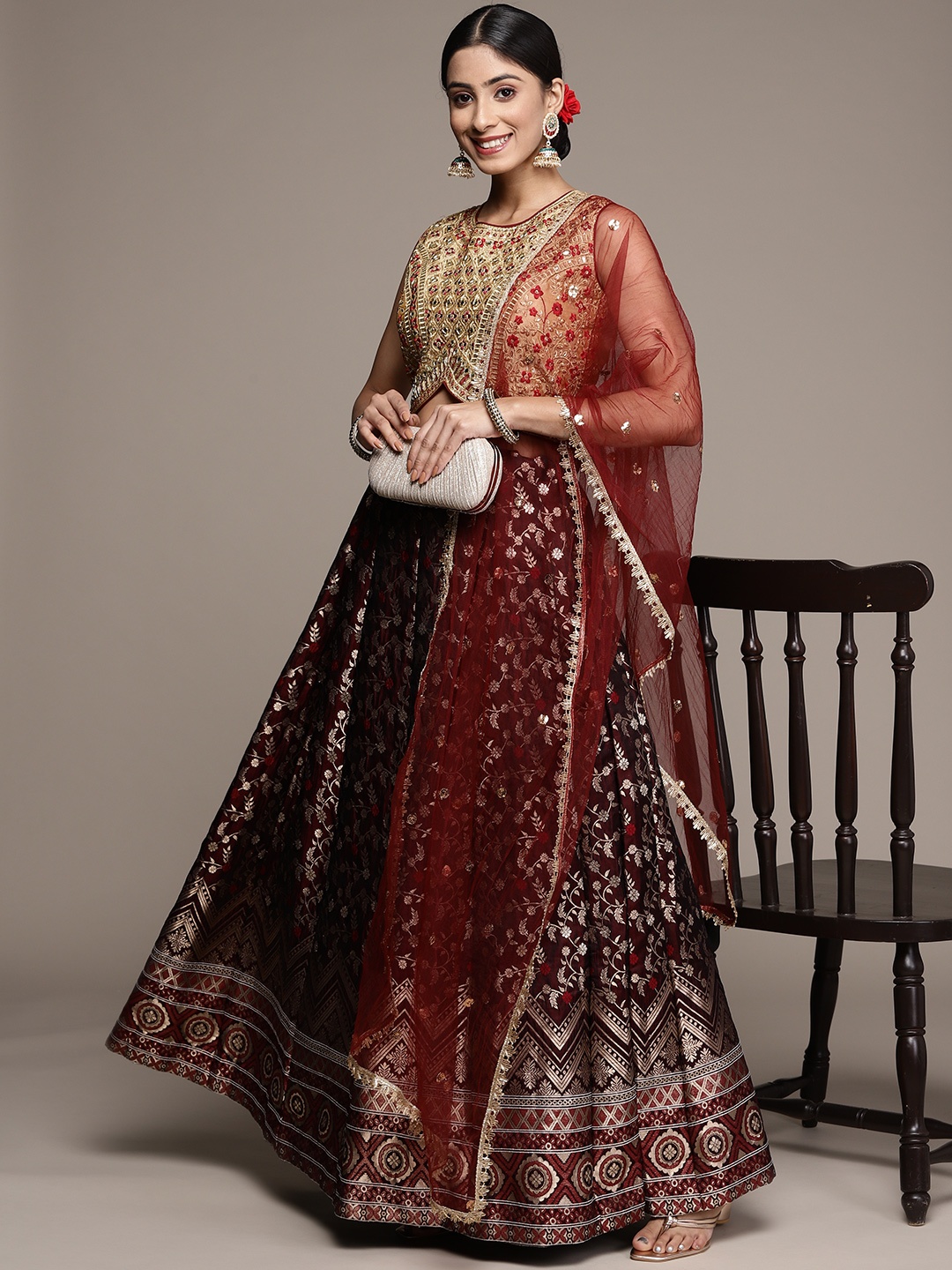 

SAARYA Embroidered Mirror Work Ready to Wear Lehenga & Blouse With Dupatta, Burgundy