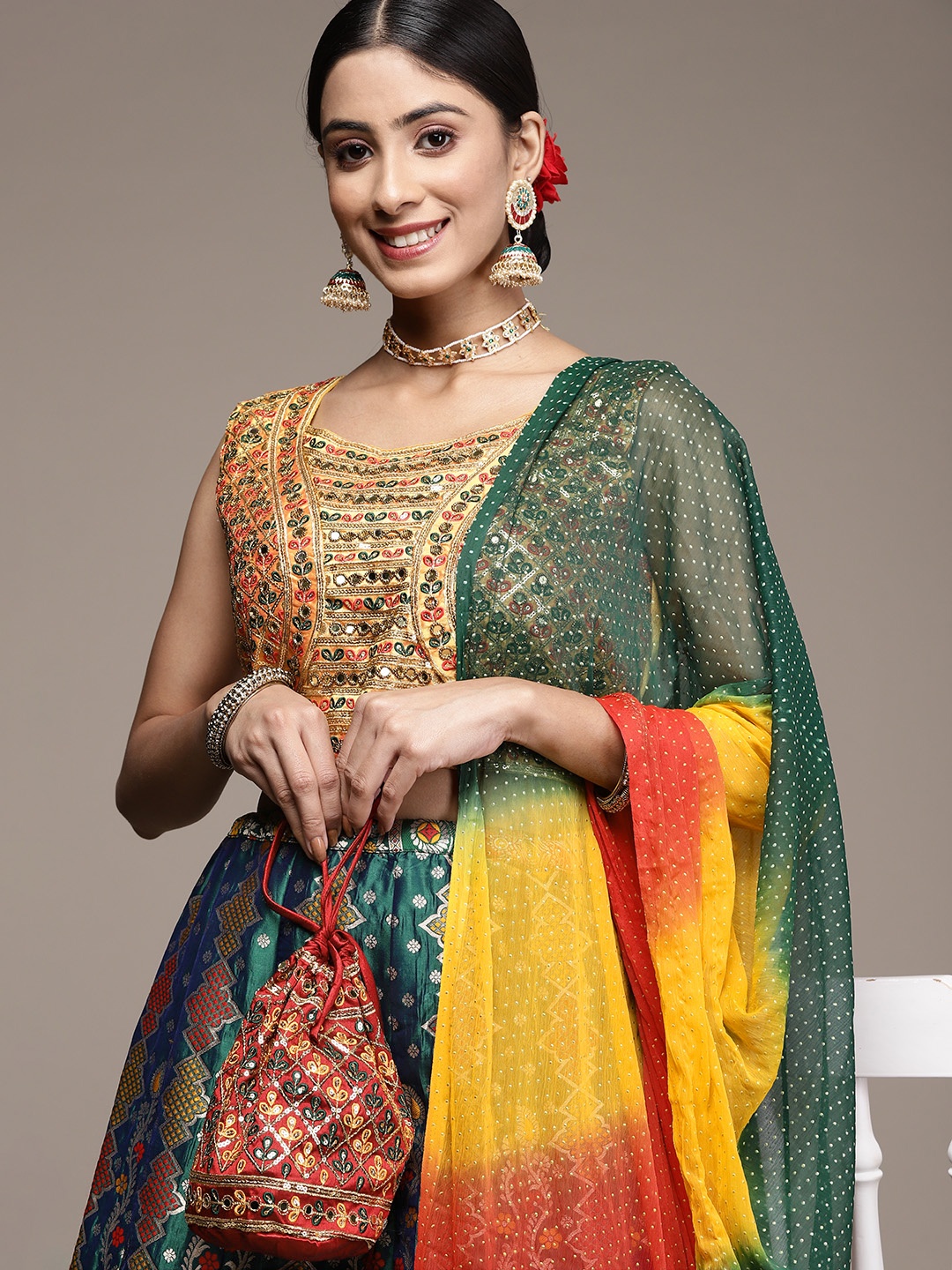 

SAARYA Woven Design Lehenga Choli With Dupatta, Green