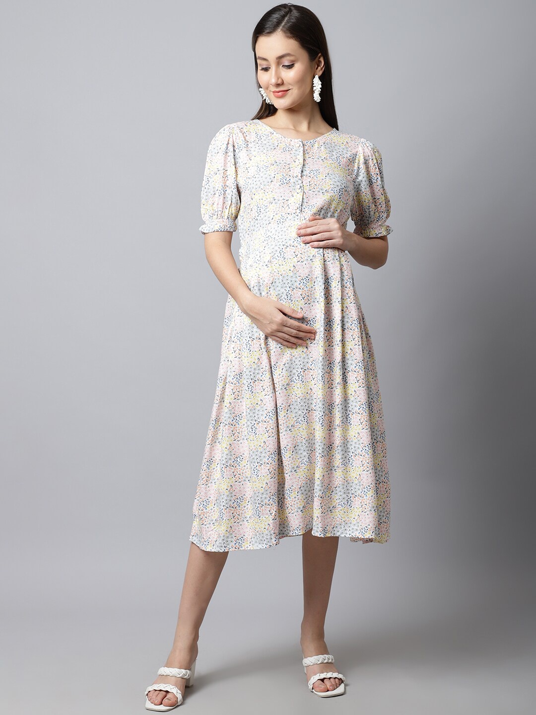 

Moms Maternity Off White & Yellow Floral Print Maternity Midi Dress