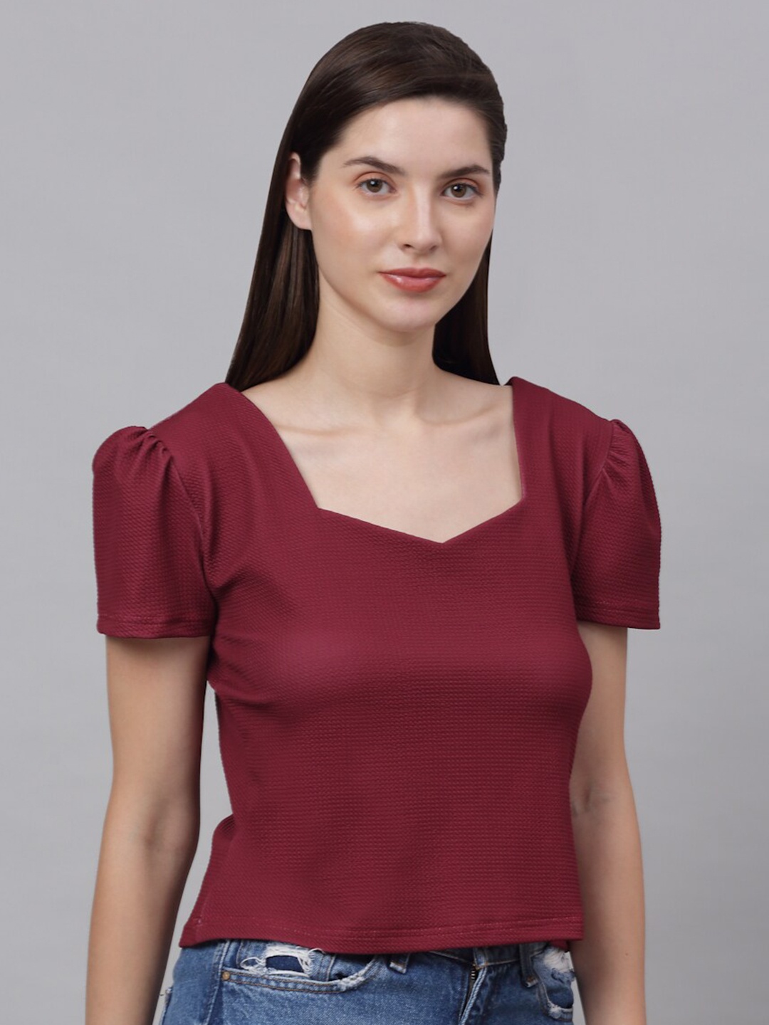 

NEUDIS Women Maroon Sweetheart Neck Top