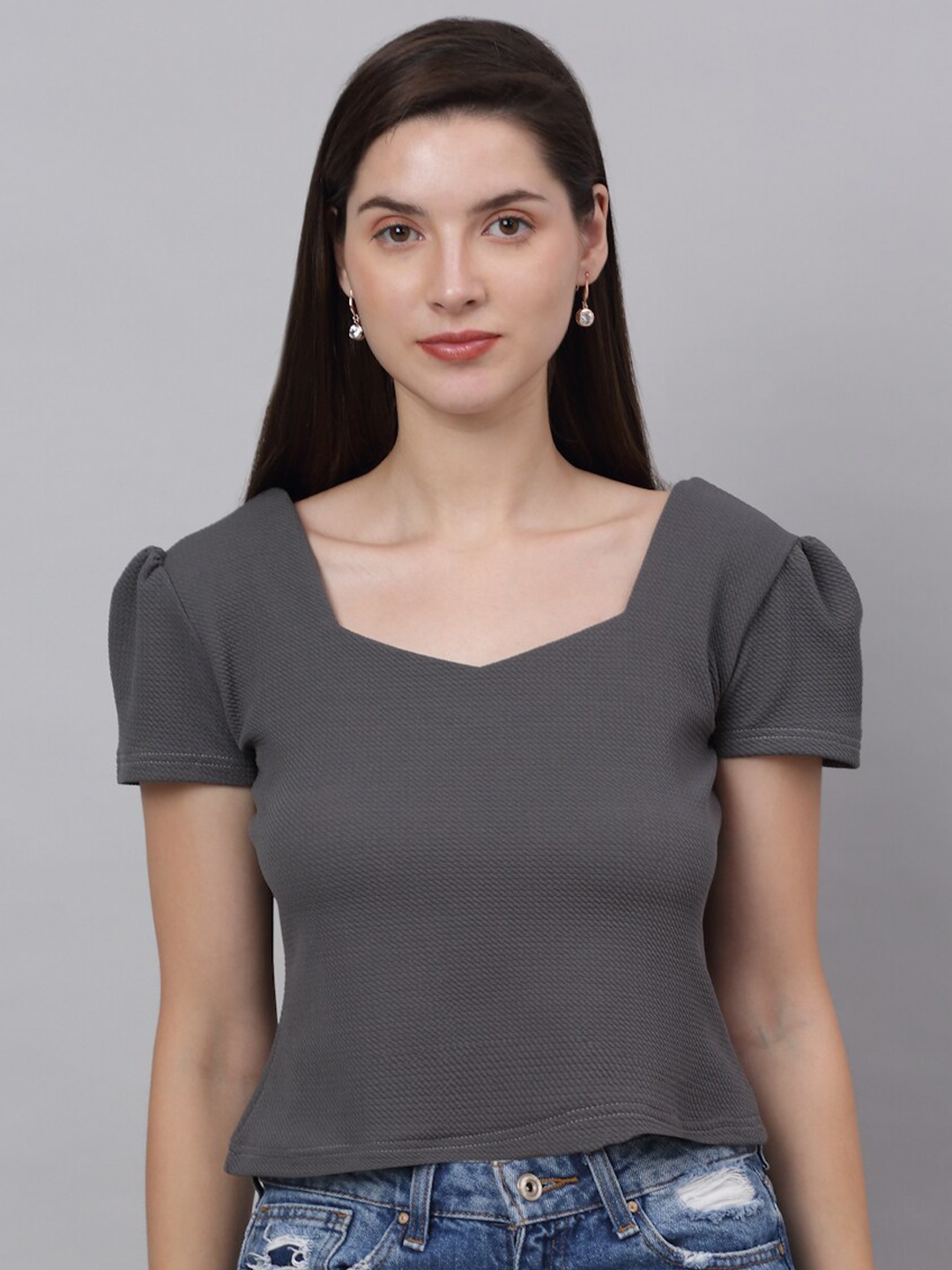 

NEUDIS Woman Grey Sweetheart Neck Puff Sleeves Top