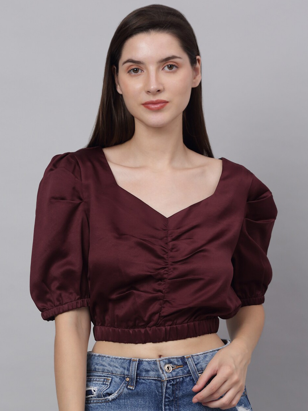 

NEUDIS Burgundy Satin Sweetheart Neck Blouson Crop Top