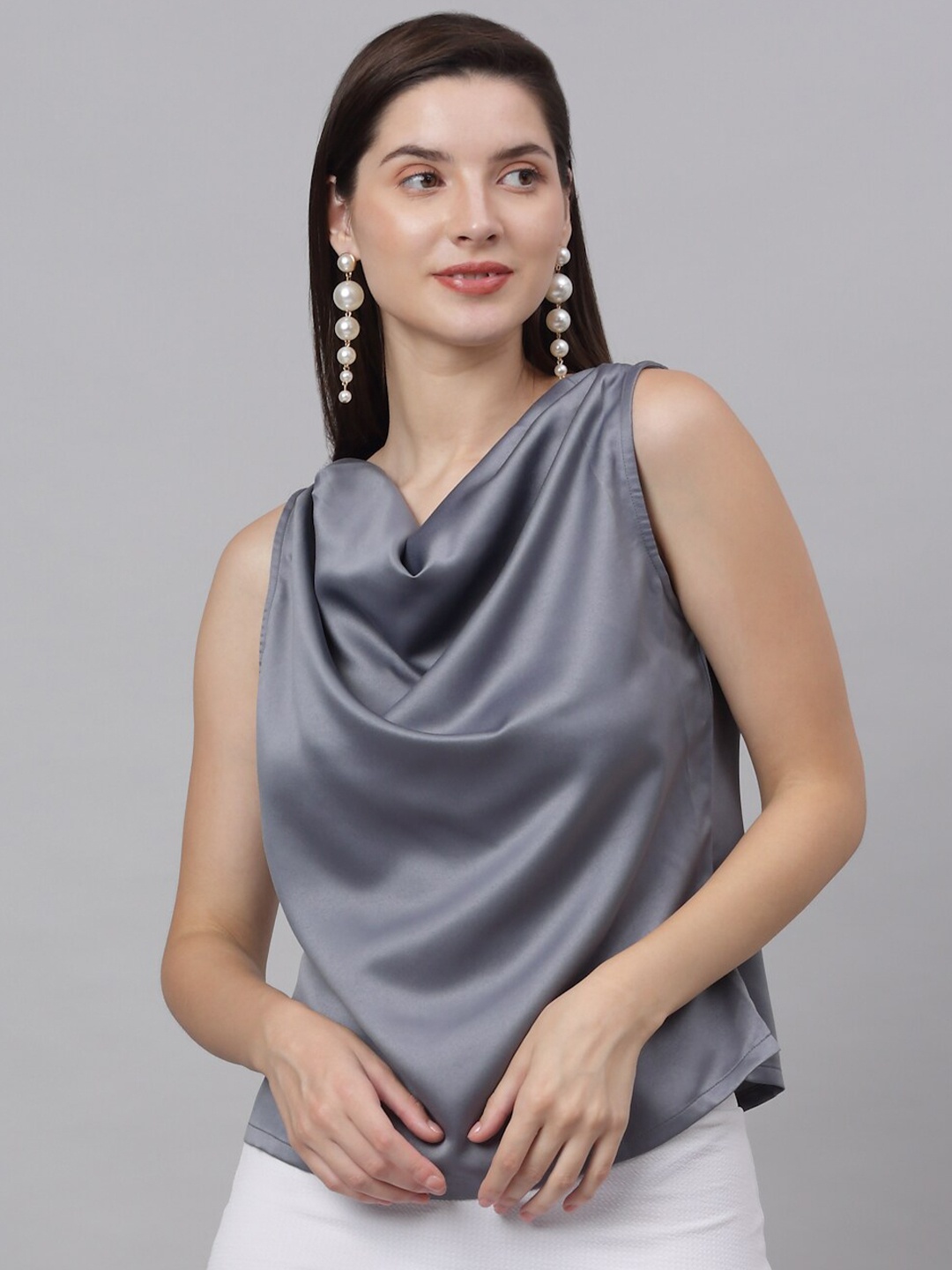 

NEUDIS Grey Cowl Neck Sheen Satin Crop Top