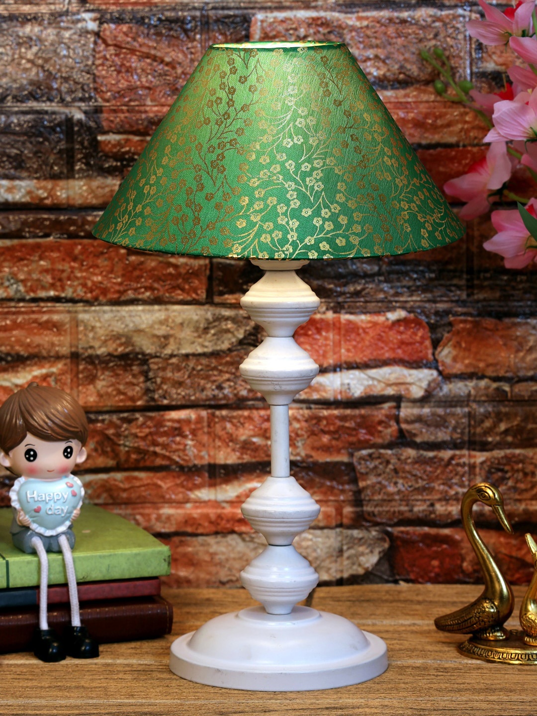 

foziq White Green Printed Frustum Shaped Table Lamp