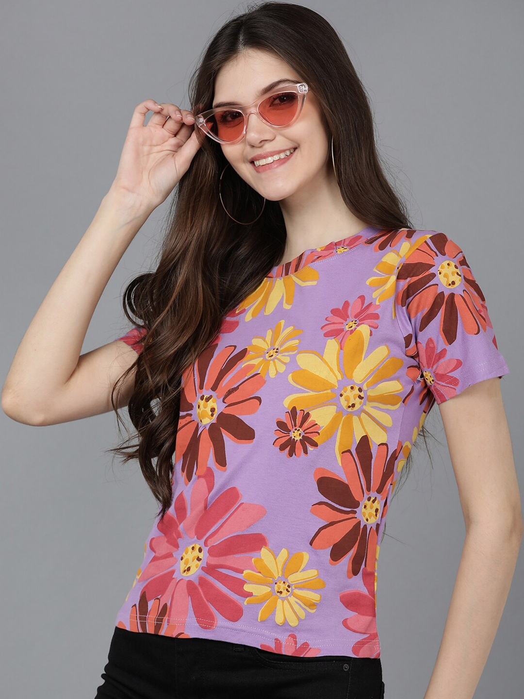 

Mast & Harbour Women Purple & Yellow Floral Printed Cotton T-shirt