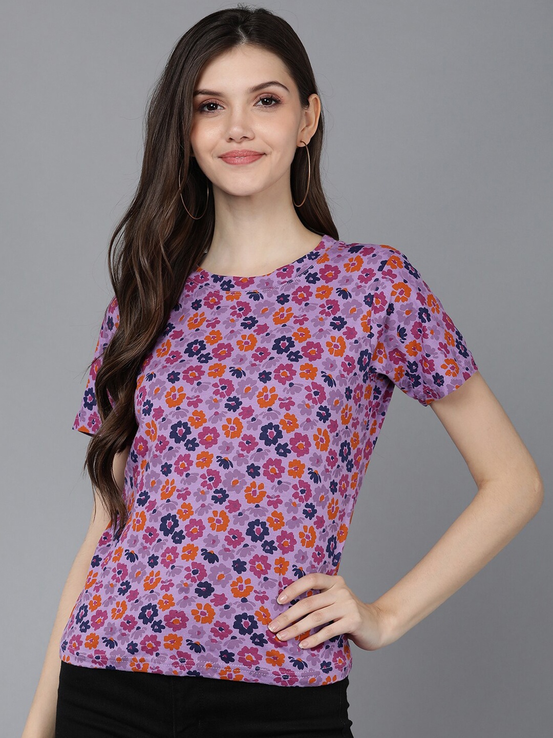 

Mast & Harbour Women Purple & Orange Floral Printed Cotton T-shirt