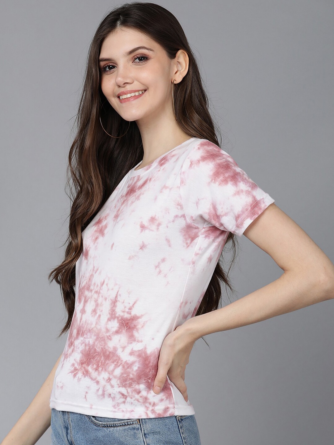 

Mast & Harbour Women White & Rust Tie and Dye Cotton T-shirt